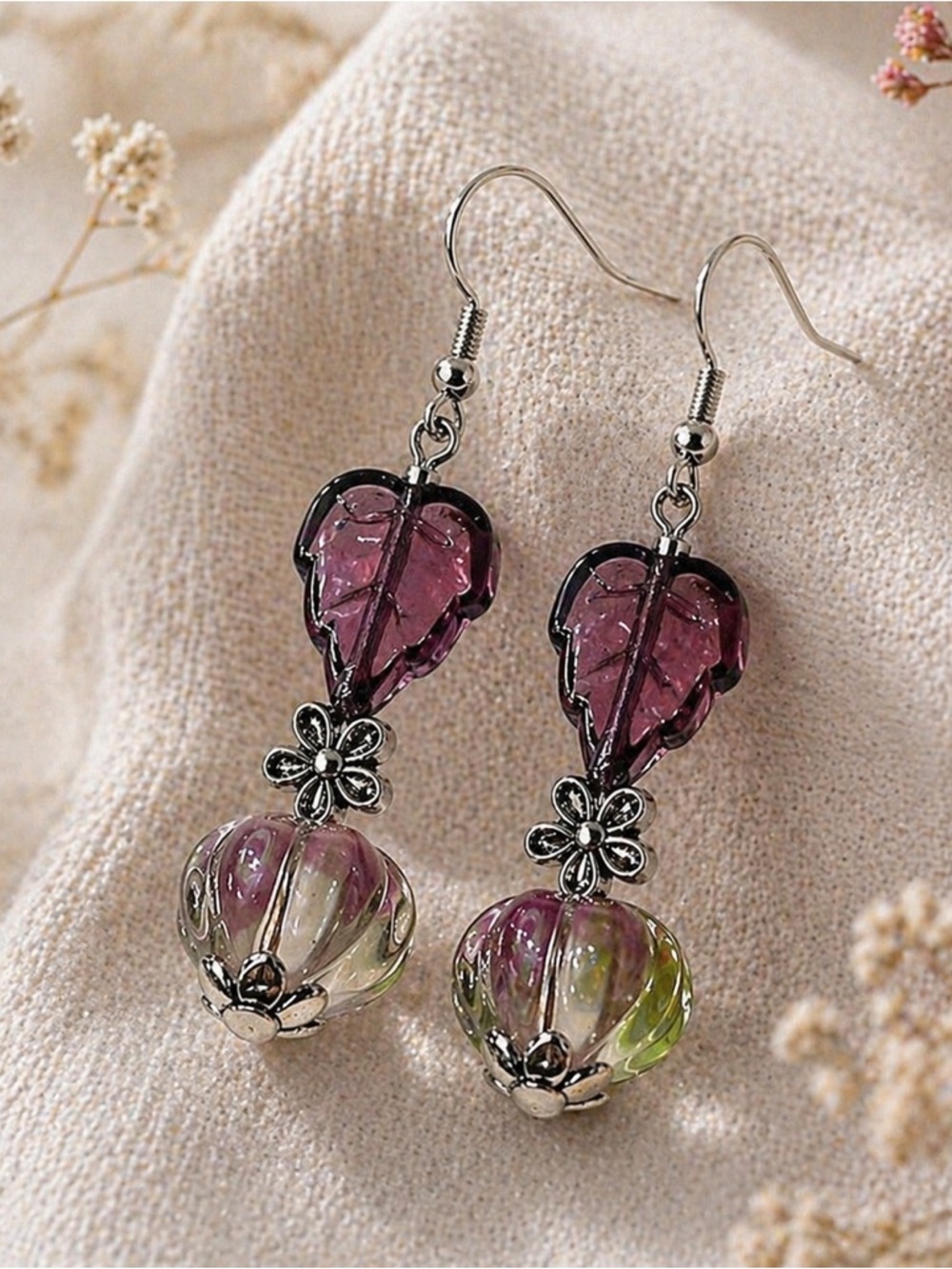 Boho Glass Leaf Earrings, Plum Leaf Mixed Glass Dangle, Artisan, Ships Free - Picture 10 of 11